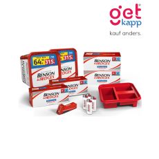 Sparset Benson & Hedges Tabak Red Tera Box. Zwei rot-weiße Eimer mit Benson & Hedges Logo, Hülsen, Stopfer und Feuerzeuge.