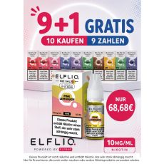 Aktion Elfbar Elfliq 9+1 Deiner Wahl. Eine Packung Elfliq Pink Lemonade mit Flasche in grün-rosa im Vordergrund und 9+1 Aufschrift.