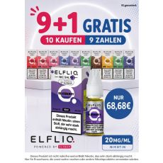 Aktion Elfbar Elfliq 9+1 Deiner Wahl. Eine Packung Elfliq Blueberry mit Flasche in lila im Vordergrund und 9+1 Aufschrift.