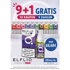 Aktion Elfbar Elfliq 9+1 Deiner Wahl. Eine Packung Elfliq Blueberry mit Flasche in lila im Vordergrund und 9+1 Aufschrift.