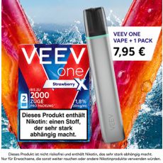 Aktion Veev One Silky Grey mit Veev Pods. Graues Gerät mit 1 Packung Veev Pods mit buntem Hintergrund.