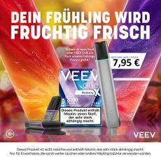 Aktion Veev One Silky Grey mit Veev Pods. Graues Gerät mit 1 Packung Veev Pods mit buntem Hintergrund.