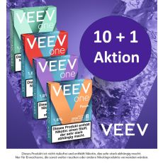 Aktion Veev One Pods 10+1 Deiner Wahl. Vier Packungen Veev Pods mit lila Hintergrund und weiß-lila Aktionsbottom.