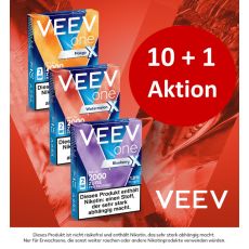 Aktion Veev One Pods 10+1 Deiner Wahl. Drei Packungen Veev X Pods mit rotem Hintergrund und weiß-rotem Aktionsbottom.