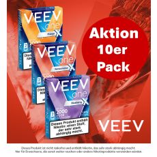 Aktion Veev One Pods 10er Pack Deiner Wahl. Drei Packungen Veev X Pods mit rotem Hintergrund und weiß-rotem Aktionsbottom.