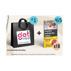 Aktion American Spirit Tabak Yellow Wundertüte. Gelbes Päckchen mit American Spirit Logo und schwarzer Tüte.