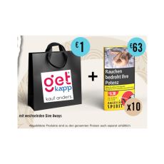 Aktion American Spirit Tabak Yellow Wundertüte. Gelbes Päckchen mit American Spirit Logo und schwarzer Tüte.