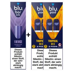 Aktion 1 Packung blu bar kit  Device und 2 Packungen blu pods Tropical Mix.
