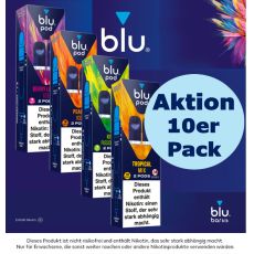 Aktion blu Pods 10er Pack Deiner Wahl. Vier bunte Packungen blu Pods mit dunkelblauem Hintergrund und hellblauem Aktions Bottom.