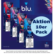 Aktion blu Pods 10er Pack Deiner Wahl. Vier bunte Packungen blu Pods mit dunkelblauem Hintergrund und hellblauem Aktions Bottom.
