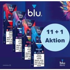 Aktion blu Pods 11+1 Deiner Wahl. Vier bunte Packungen blu Pods mit dunkelblauem Hintergrund und hellblauem Aktions Bottom.