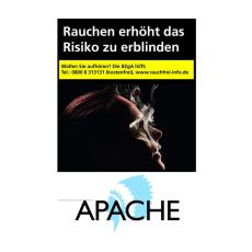 Schachtel Zigaretten Apache Blue. Weiße Packung mit blauem Indianerkopf und schwarzem Apache Logo.