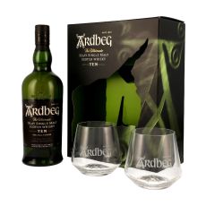 Ardbeg Ten Islay Single Malt Whisky. Grüne Flasche mit schwarzem Etikett und beiger Ardbeg Aufschrift mit schwarzer Geschenkverpackung mit 2 Gläsern.