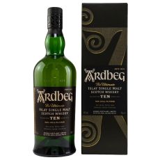 Ardbeg Ten Islay Single Malt Whisky. Grüne Flasche mit schwarzem Etikett und beiger Ardbeg Aufschrift mit schwarzer Geschenkverpackung.