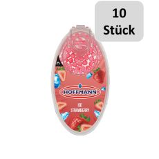 Packung Aromakugeln Eis Erdbeere. Rote Packung mit Eiswürfel und Erdbeeren und zehn Stück Bottom.