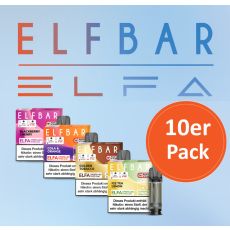 Aktion Elfbar Elfa Pods 10er Pack Deiner Wahl. Vier Packungen Elfa Pods mit blauem Hintergrund und orangen 10er Pack Bottom.