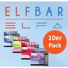 Aktion Elfbar Elfa Pods 10er Pack Deiner Wahl. Vier Packungen Elfa Pods mit blauem Hintergrund und orangen 10er Pack Bottom.