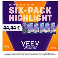 Aktion Veev One Pods Six-Pack Deiner Wahl. Sechs Packungen Veev Pods mit lila-orangem Hintergrund.