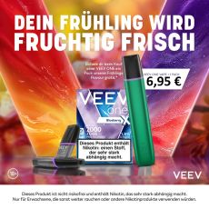 Aktion Veev One Freshy Green mit Veev Pods. Grünes Gerät mit 1 Packung Veev Pods mit buntem Hintergrund.