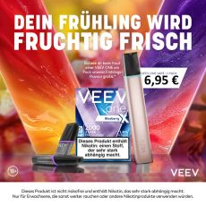 Aktion Veev One Luscious Pink mit Veev Pods. Rosa Gerät mit 1 Packung Veev Pods mit buntem Hintergrund.