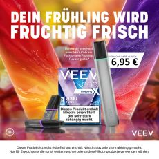 Aktion Veev One Silky Grey mit Veev Pods. Graues Gerät mit 1 Packung Veev Pods mit buntem Hintergrund.