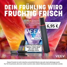 Aktion Veev One Velvet Black mit Veev Pods. Schwarzes Gerät mit 1 Packung Veev Pods mit bunten Hintergrund.