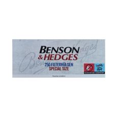 Packung Zigarettenhülsen Benson & Hedges Special Size 250. Weiße Packung mit schwarz-rotem Logo.