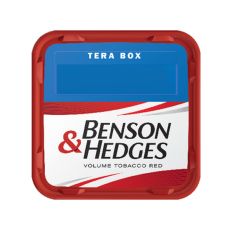 Eimer Tabak Benson & Hedges Tera Box. Rot-weiße Dose mit rot-schwarzer Benson & Hedges Aufschrift.