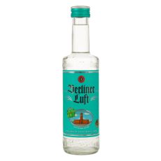 Berliner Luft Pfefferminzlikör 0.35l. Kleine klare Flasche mit türkisem Etikett mit schwarzer Berliner Luft Aufschrift und Rathaus von Berlin.
