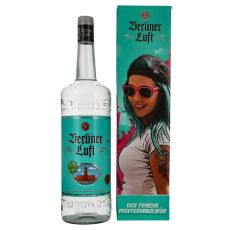 Berliner Luft Pfefferminzlikör 3l. Große klare Flasche mit türkisem Etikett mit schwarzer Berliner Luft Aufschrift und Geschenkverpackung.