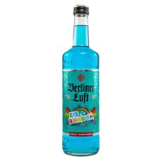 Berliner Luft Eisbonbon Likör. Klare Flasche mit blauem Inhalt türkisem Etikett mit schwarzer Berliner Luft und bunter Eisbonbon Aufschrift.