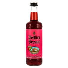 Berliner Persico Likör. Klare Flasche mit rotem Inhalt und rotem Etikett mit schwarzer Berliner Persico Aufschrift und Brandenburger Tor.