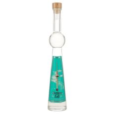 Berliner Luft Pfefferminzlikör Fernsehturm. Klare Flasche in Form des Fernsehturms mit türkisem Etikett mit schwarzer Berliner Luft Aufschrift und Fernsehturm-Abbidlung.