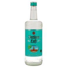 Berliner Luft Pfefferminzlikör 1l. Klare Flasche mit türkisem Etikett mit schwarzer Berliner Luft Aufschrift und braunes Wahrzeichen von Berlin.