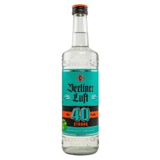 Berliner Luft Strong Likör. Klare Flasche mit klarem Inhalt türkisem Etikett mit schwarzer Berliner Luft und die Zahl 40 als Aufschrift.