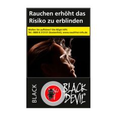 Schachtel Black Devil Black Zigaretten. Schwarze Packung mit weißer Black Devil Aufschrift und Teufellogo.