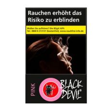 Schachtel Black Devil Pink Zigaretten. Schwarze Packung mit weißer Black Devil Aufschrift und Teufellogo im rosa Kreis.