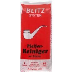 Beutel Pfeifenreiniger Blitz Sytem mit Bürsten. Rote Tüte mit weißer Pfeife und Blitz Sytem Aufschrift.
