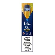 Packung blu bar E-Zigaretten Mango Ice 1000. Blau-grün-orange Schachtel mit weißer blu bar Aufschrift.