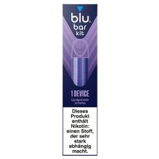 Packung blu bar kit Device. Dunkelblaue Schachtel mit lila Gerät und weißer blu bar kit Aufschrift.