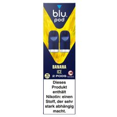 blu Liquid Pods Banana Ice. Blau-gelbe gemusterte Packung mit weißer blu pod Aufschrift und blauen Liquid Pods