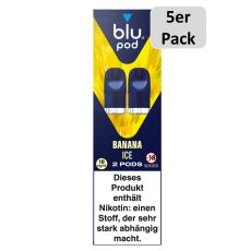 blu Liquid Pods Banana Ice. Blau-gelbe gemusterte Packung mit weißer blu pod Aufschrift und 5er Pack Bottom.