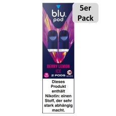 blu Liquid Pods Berry Lemon Ice. Blau-pink gemusterte Packung mit weißer blu pod Aufschrift und 5er Pack Bottom.