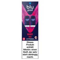 blu Liquid Pods Berry Mix. Blau-lila gemusterte Packung mit weißer blu pod Aufschrift und blauen Liquid Pods