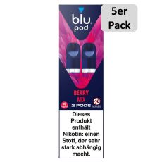 blu Liquid Pods Berry Mix. Blau-lila gemusterte Packung mit weißer blu pod Aufschrift und 5er Pack Bottom.