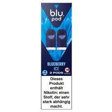 blu Liquid Pods Blueberry Ice. Blau gemusterte Packung mit weißer blu pod Aufschrift und blauen Liquid Pods