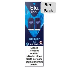 blu Liquid Pods Blueberry Ice. Blau gemusterte Packung mit weißer blu pod Aufschrift und 5er Packung.