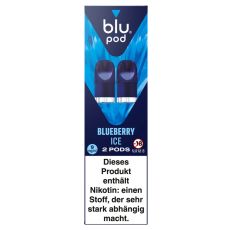 blu Liquid Pods Blueberry Ice. Blau gemusterte Packung mit weißer blu pod Aufschrift und blauen Liquid Pods.