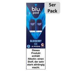 blu Liquid Pods Blueberry Ice. Blau gemusterte Packung mit weißer blu pod Aufschrift und 5er Packung.