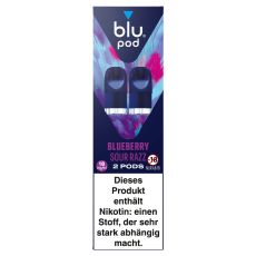 blu Liquid Pods Blueberry Sour Razz. Blau-lila gemusterte Packung mit weißer blu pod Aufschrift und blauen Liquid Pods.